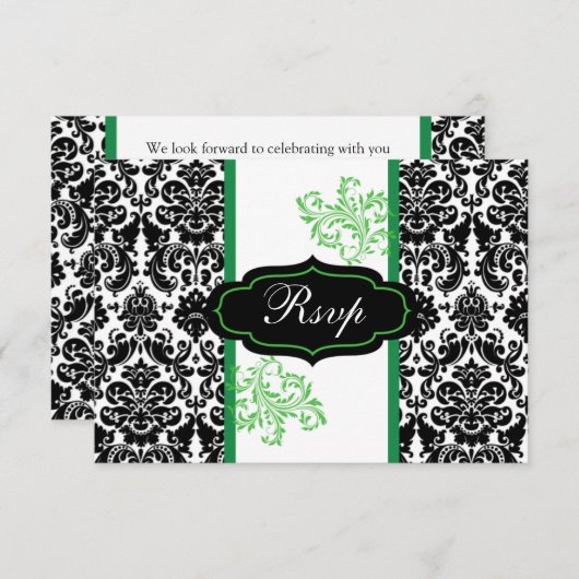 Invitation Noir, Blanc, Vert Damas Scroll Mariage RSVP (Devant / Derrière)