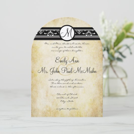 Invitation Noir Blanc Vieux argent Rustique Elegance Mariage  (Debout devant)