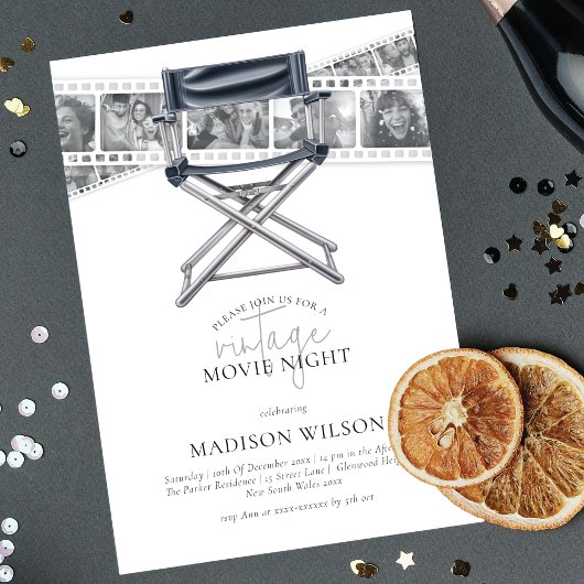 Invitation Noir Blanc Vintage Vidéo Nuit Adulte Anniversaire