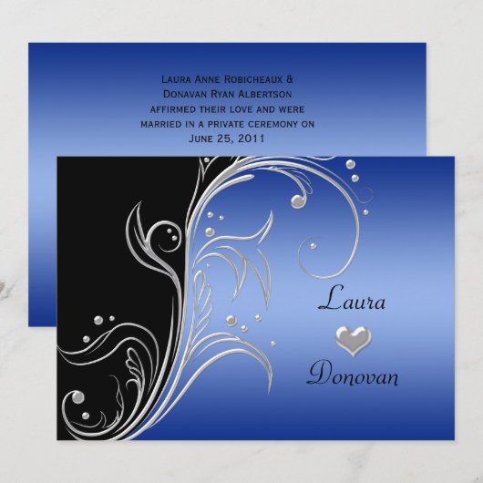 Invitation Noir Bleu Argent Floral Tourbillons Réception Seul (Devant / Derrière)