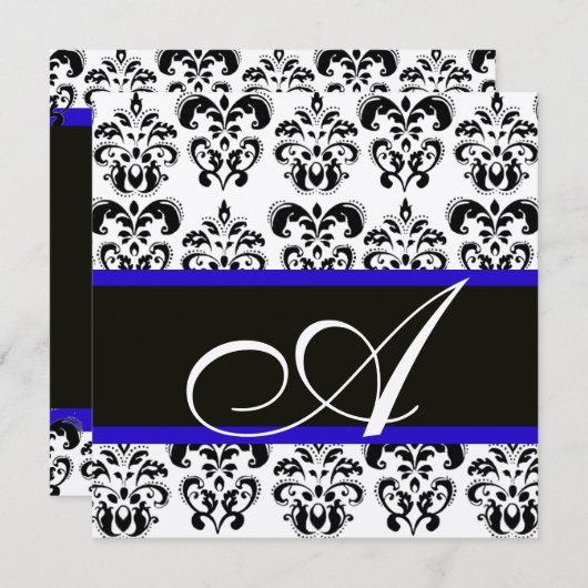 INVITATION NOIR, BLEU & BLANC CHAMPAGNE DAMAS MONOGRAMME (Devant / Derrière)