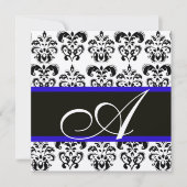 INVITATION NOIR, BLEU & BLANC CHAMPAGNE DAMASK MONOGRAM (Devant)