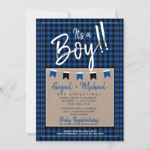 Invitation Noir + Bleu C'est Un Baby shower de Buffalo Plaid