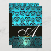 Invitation NOIR BLEU DAMAS MONOGRAMME, turquoise blanc éclata (Devant / Derrière)