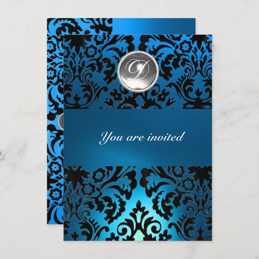 Invitation NOIR & BLEU DAMASK GEM PIERRE MONOGRAMME blanc (Devant / Derrière)
