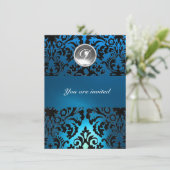Invitation NOIR & BLEU DAMASK GEM PIERRE MONOGRAMME blanc (Debout devant)