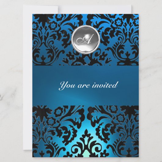 Invitation NOIR & BLEU DAMASK GEM PIERRE MONOGRAMME blanc (Devant)