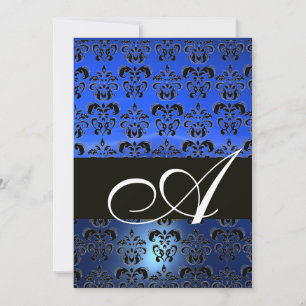 Invitation NOIR BLEU DAMASK MONOGRAM, blanc brillant