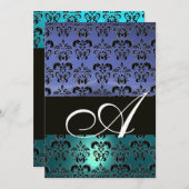 Invitation NOIR BLEU DAMASK MONOGRAM, blanc brillant (Devant / Derrière)