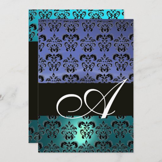 Invitation NOIR BLEU DAMASK MONOGRAM, blanc brillant (Devant / Derrière)