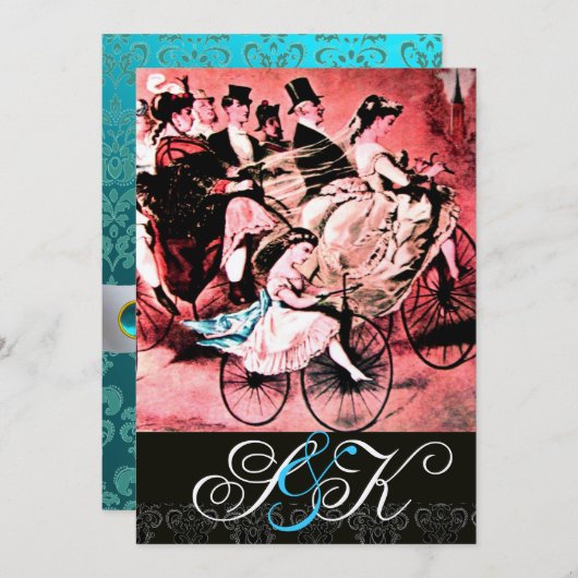 INVITATION NOIR BLEU ROUGE BICYCLETTE MARIAGE DAMAS MONOGRAMM (Devant / Derrière)