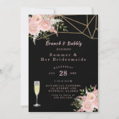 Invitation Noir Blush Pink Gold Floral Brunch et Bubbly (Devant)