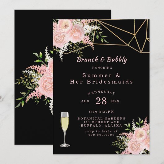 Invitation Noir Blush Pink Gold Floral Brunch et Bubbly (Devant / Derrière)