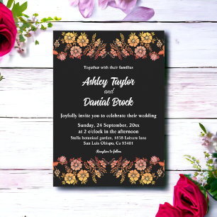 Invitation Noir Boho Neon Rose Romantique Floral Mariage