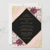 Invitation Noir Bourgogne Blush or Mariage floral géométrique (Devant)