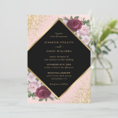 Invitation Noir Bourgogne Blush or Mariage floral géométrique (Debout devant)
