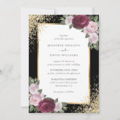 Invitation Noir Bourgogne Blush rose or Mariage Floral (Devant)