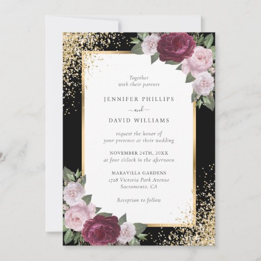 Invitation Noir Bourgogne Blush rose or Mariage Floral (Devant)