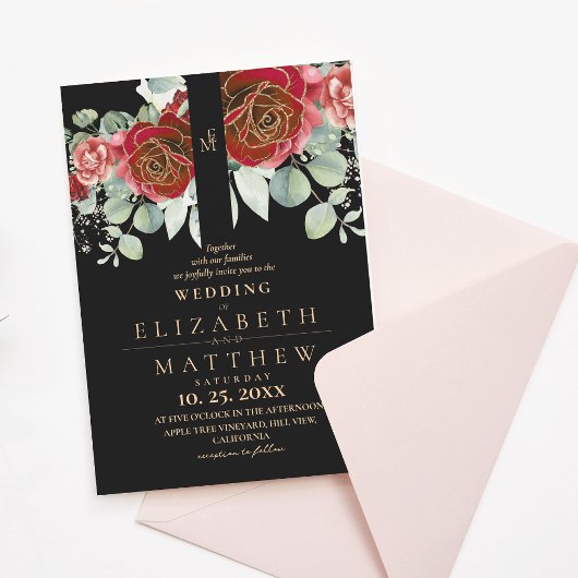 Invitation Noir Bourgogne et Or Rouge Rose Mariage moderne