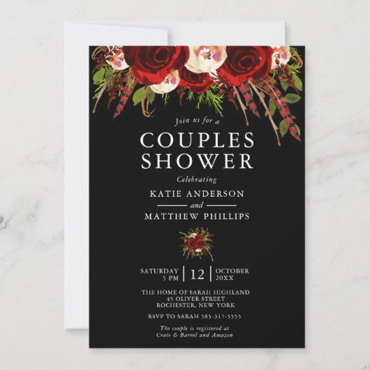 Invitation Noir Bourgogne Floral Boho Couples Douche (Devant)