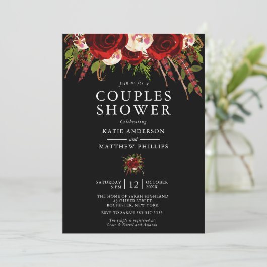 Invitation Noir Bourgogne Floral Boho Couples Douche (Debout devant)