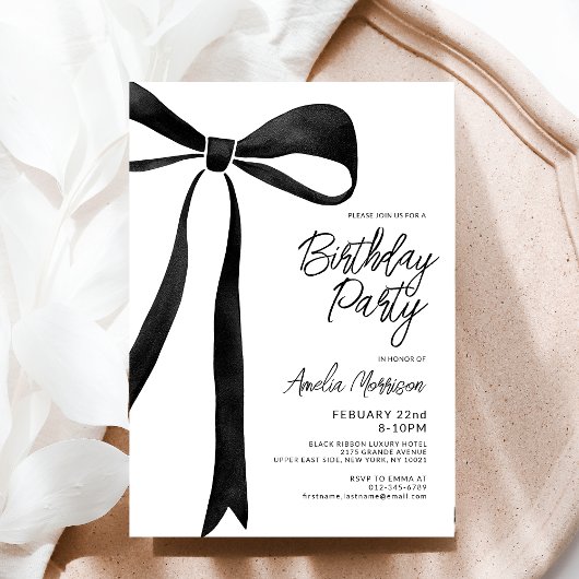 Invitation Noir Bow Ruban Fête d'anniversaire Script