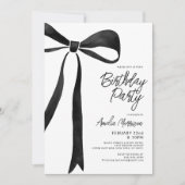 Invitation Noir Bow Ruban Fête d'anniversaire Script (Devant)