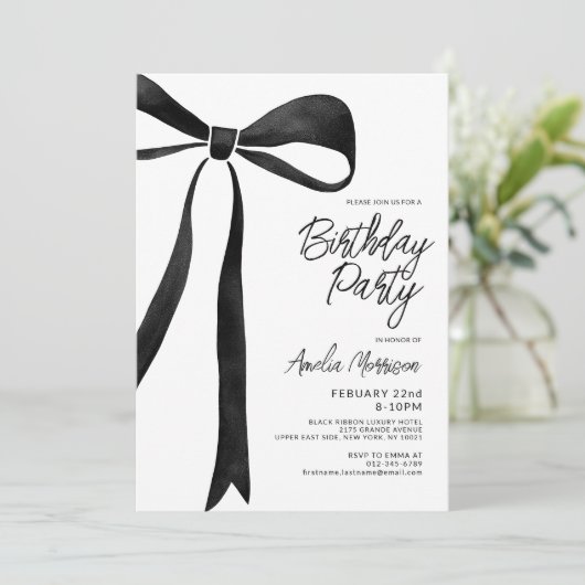Invitation Noir Bow Ruban Fête d'anniversaire Script (Debout devant)