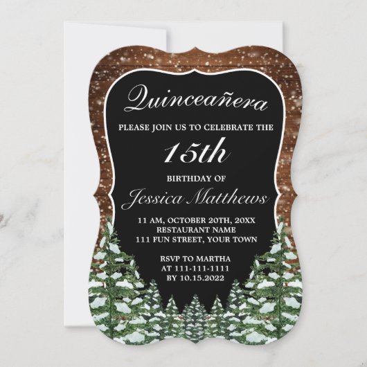 Invitation Noir Bracket Forêt de neige Pine Tiara Quinceañera (Devant)