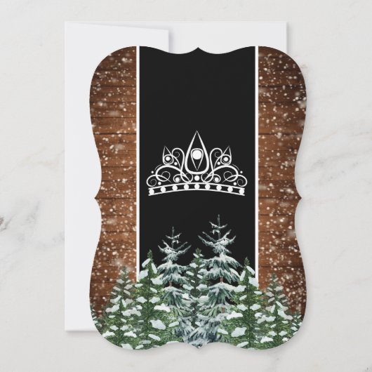 Invitation Noir Bracket Forêt de neige Pine Tiara Quinceañera (Dos)