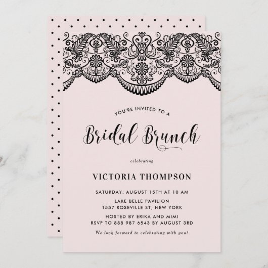 Invitation Noir Brocade Lace Blush Bridal Brunch (Devant / Derrière)