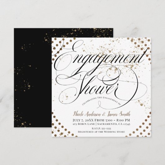 Invitation Noir Bronze Moderne Chic Fête de Fiançailles (Devant / Derrière)