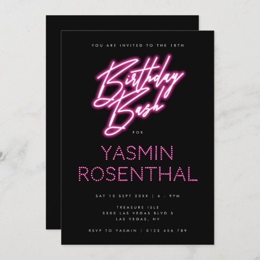 Invitation Noir Chaud Noir Lumière Fille Anniversaire Bash (Devant / Derrière)