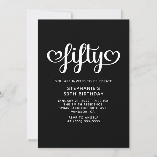 Invitation Noir Cinquante Coeurs mignons Script 50e anniversa (Devant)