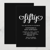 Invitation Noir Cinquante Coeurs mignons Script 50e anniversa (Devant / Derrière)