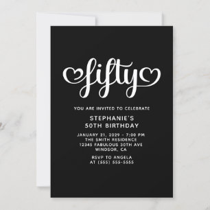 Invitation Noir Cinquante Coeurs mignons Script 50e anniversa