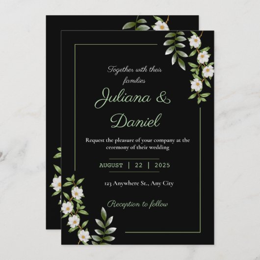 Invitation Noir classique avec Mariage Camellia blanc (Devant / Derrière)