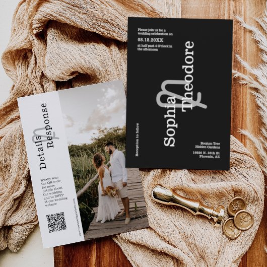 Invitation Noir classique Moderne Minimal Mariage QR Code pho