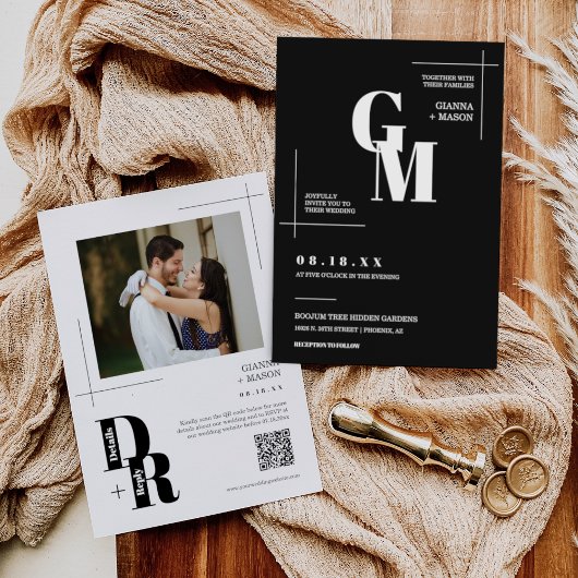 Invitation Noir classique Moderne Minimal Mariage QR Code pho