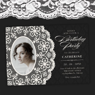 Invitation Noir classique vintage lace photo anniversaire
