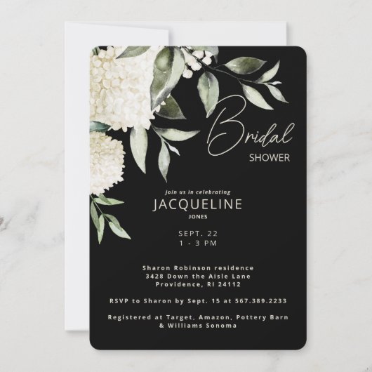 Invitation Noir & Crème Blanc Hydrangeas Fête des mariées II (Devant)