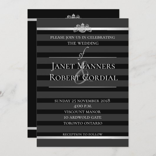 Invitation Noir Crystal Tuxedo Stripe Mariage Élégant (Devant / Derrière)
