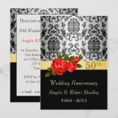 Invitation Noir damas, rose rouge 50e anniversaire de mariage (Devant / Derrière)