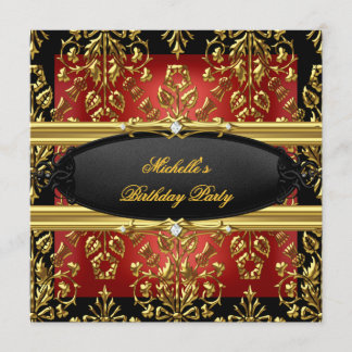 Invitation Noir Damas Rouge Fête d'anniversaire Or 2 Diamant