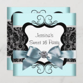 Invitation Noir Damas Turquoise Bleu Noir Doux 16 Anniversair (Devant / Derrière)