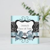 Invitation Noir Damas Turquoise Bleu Noir Doux 16 Anniversair (Debout devant)