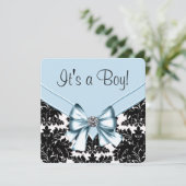 Invitation Noir Damask Baby shower bleu et noir (Debout devant)