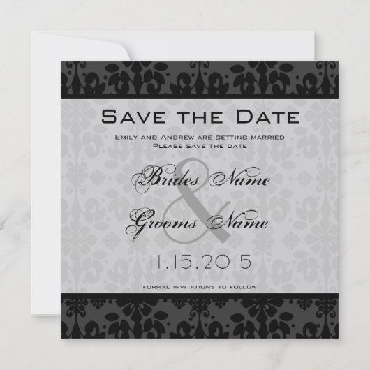 Invitation Noir Damask Éperles mariage Enregistrer la date (Devant)