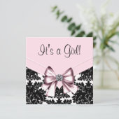 Invitation Noir Damask rose et Baby shower noir (Debout devant)