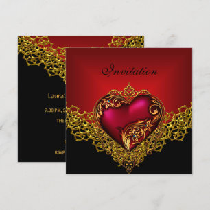 Invitation Noir de dentelle or rouge profond Jewel Party cœur